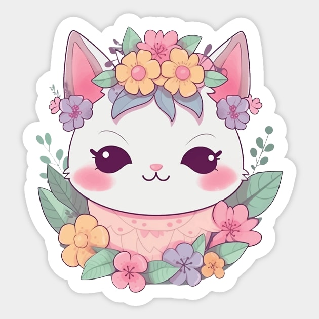 Cat cute kawaii with a flower crown Sticker by WAADESIGN